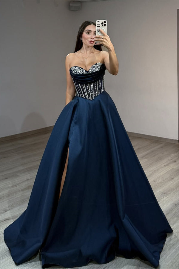 Classy Navy Blue Sweetheart Strapless Sleeveless Satin Evening Dresses A-Line High Split Gem With Lace-Up Back Pockets