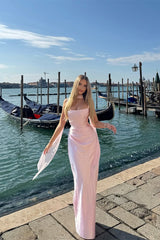 Sparkling Pink Square Straps Satin Evening Dresses Mermaid Column With Gloves