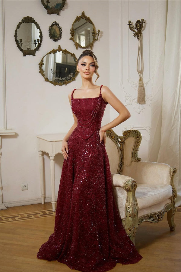 Shining Burgundy Spaghetti-Strap Sleeveless Sequins Evening Dresses A-Line Long With Beads
