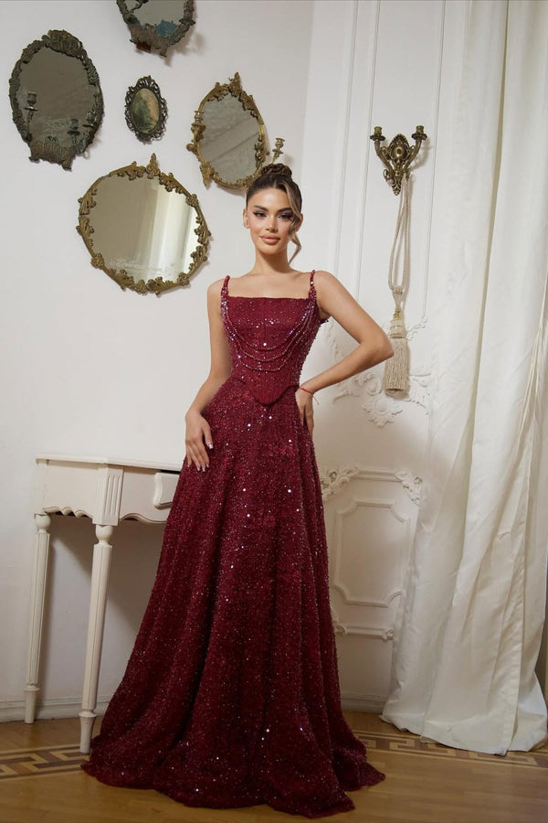 Shining Burgundy Spaghetti-Strap Sleeveless Sequins Evening Dresses A-Line Long With Beads