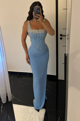 Dazzling Blue Square Straps Sleeveless Satin Evening Dresses Mermaid Sheath With Gem