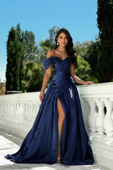 Elegant Dark Navy Off-The-Shoulder Satin Evening Dresses A-Line High Split Beads With Lace-Up Back