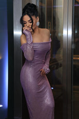 Chic Lilac Off-The-Shoulder Long Sleeves Evening Dresses Mermaid Sheath Long On Sale