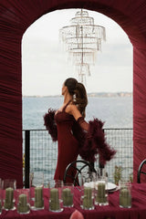 Glamorous Burgundy Sweetheart Halter Satin Evening Dresses Mermaid Lace With Gloves