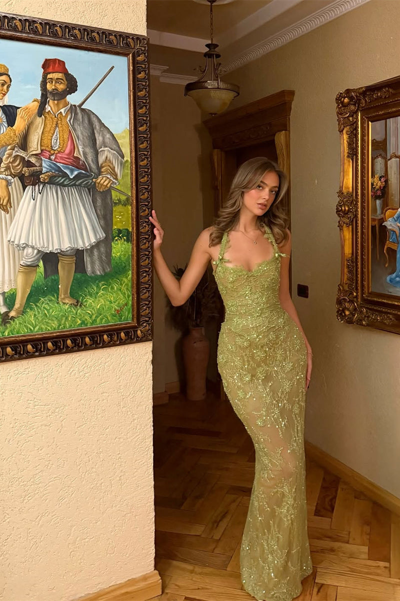 Fabulous Green Sweetheart Halter Sleeveless Evening Dresses Mermaid Column With Appliques Beads