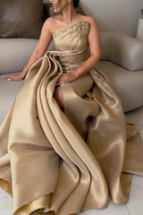 Exquisite Asymmetrical Strapless Sleeveless Satin Evening Dresses A-Line Slit Gem With Zipper Pleats