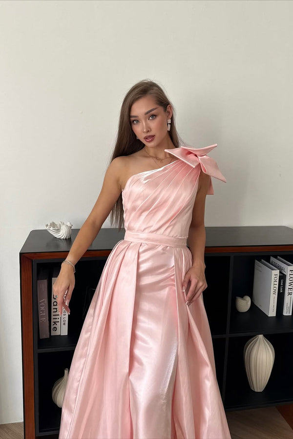 Timeless Pink One Shoulder Sleeveless Satin Mermaid Evening Dresses Detachable Skirt With Bow Knot