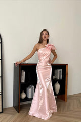 Timeless Pink One Shoulder Sleeveless Satin Mermaid Evening Dresses Detachable Skirt With Bow Knot