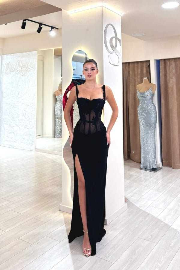 Elegant Black Spaghetti-Strap Sleeveless Mermaid Evening Dresses Lace High Split With Pleats