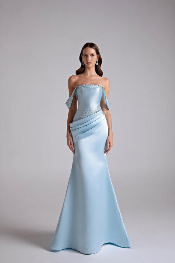 Glamorous Sky Blue Off-The-Shoulder Satin Mermaid Evening Dresses Beading With Zipper