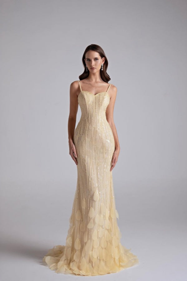 Sparkling Daffodil Spaghetti-Strap Sleeveless Evening Dresses Mermaid Beading With Zipper