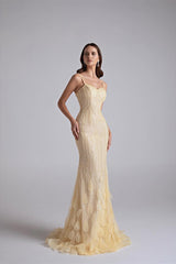 Sparkling Daffodil Spaghetti-Strap Sleeveless Evening Dresses Mermaid Beading With Zipper