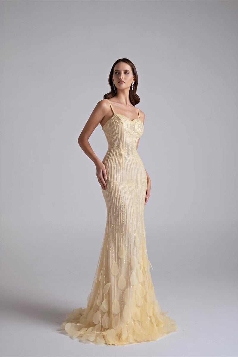 Sparkling Daffodil Spaghetti-Strap Sleeveless Evening Dresses Mermaid Beading With Zipper
