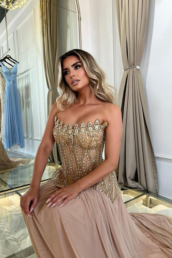 Dazzling Dusty Rose Strapless Sleeveless Chiffon Evening Dresses A-Line Gem On Sale