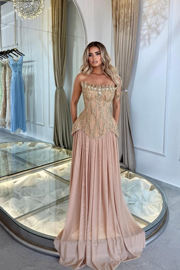 Dazzling Dusty Rose Strapless Sleeveless Chiffon Evening Dresses A-Line Gem On Sale
