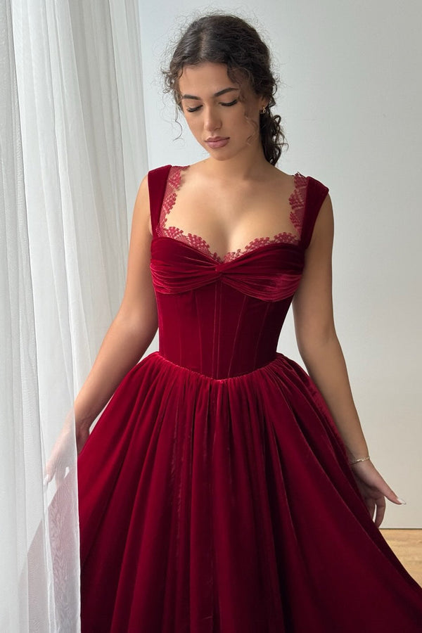 Classy Burgundy Straps Sweetheart Sleeveless Velvet Evening Dresses A-Line With Pleats