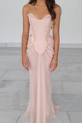 Shining Pink Strapless Sleeveless Chiffon Evening Dresses Long Beads With Lace-Up Back Pleats