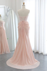 Shining Pink Strapless Sleeveless Chiffon Evening Dresses Long Beads With Lace-Up Back Pleats