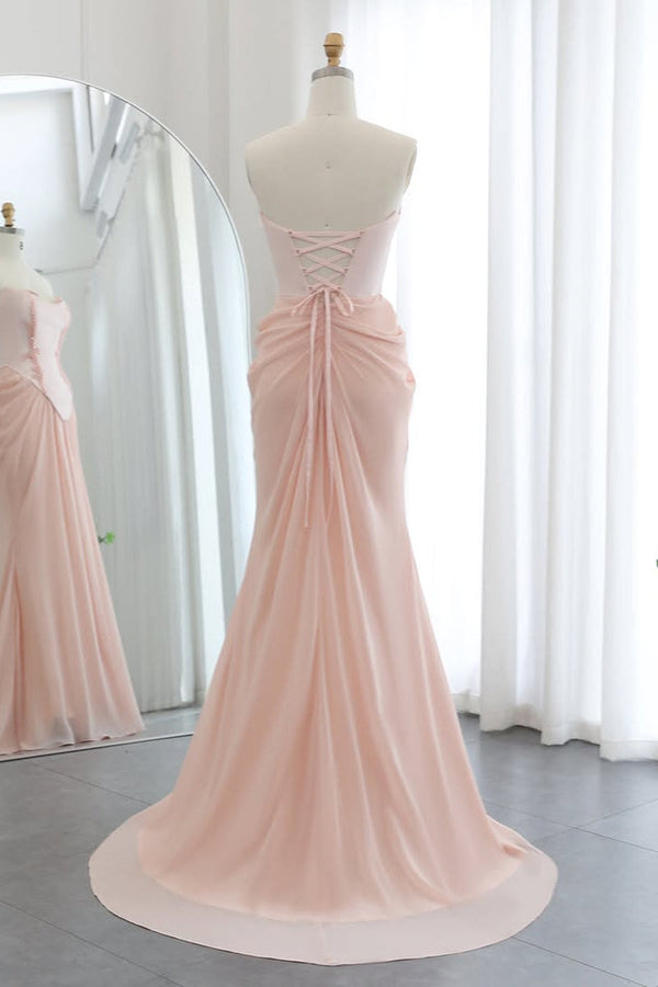 Shining Pink Strapless Sleeveless Chiffon Evening Dresses Long Beads With Lace-Up Back Pleats