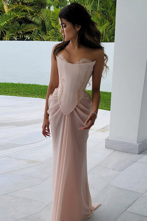 Shining Pink Strapless Sleeveless Chiffon Evening Dresses Long Beads With Lace-Up Back Pleats