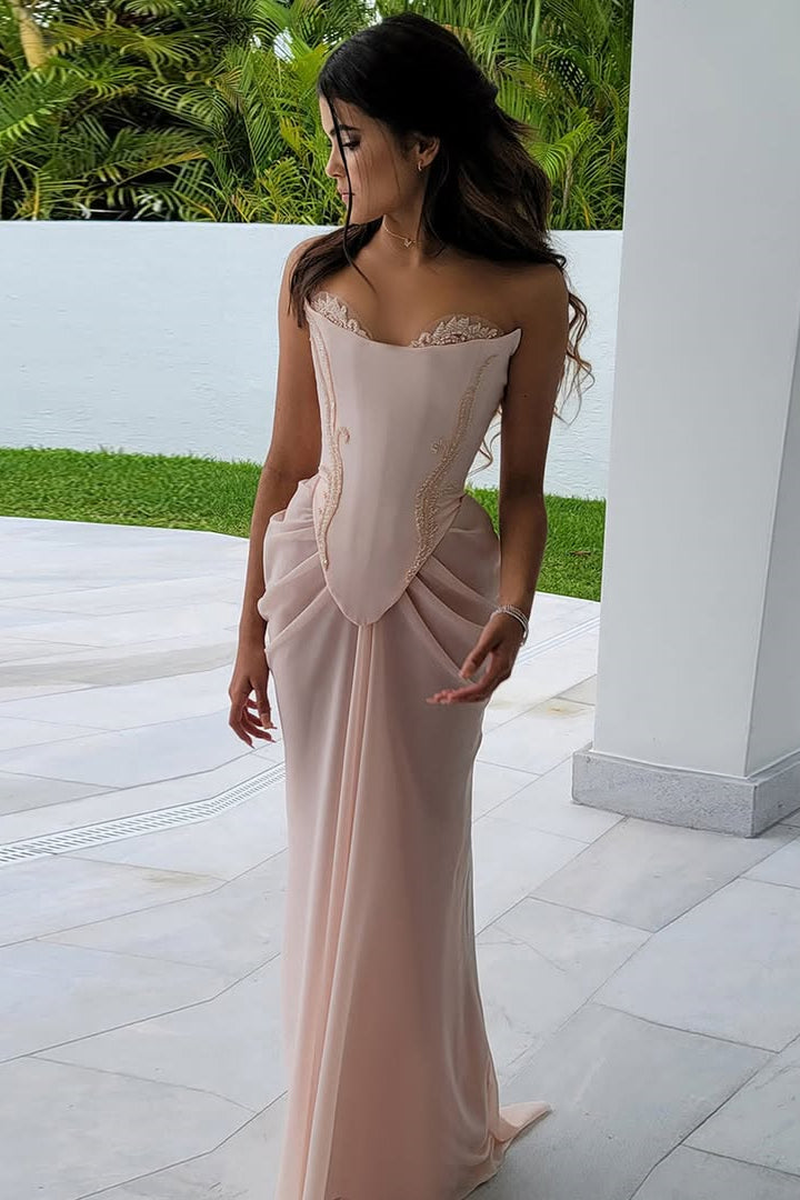 Shining Pink Strapless Sleeveless Chiffon Evening Dresses Long Beads With Lace-Up Back Pleats