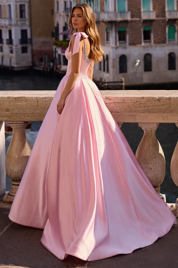 Chic Pink Spaghetti-Strap Sleeveless Satin Evening Dresses A-Line Beads With Zipper Bow Knot