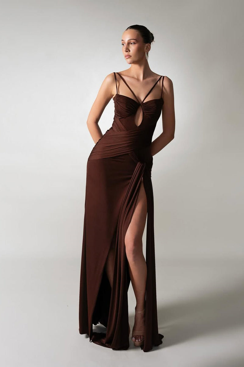 Timeless Chocolate Spaghetti-Strap Sleeveless Satin Evening Dresses Side Split With Pleats Zipper