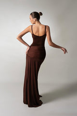 Timeless Chocolate Spaghetti-Strap Sleeveless Satin Evening Dresses Side Split With Pleats Zipper