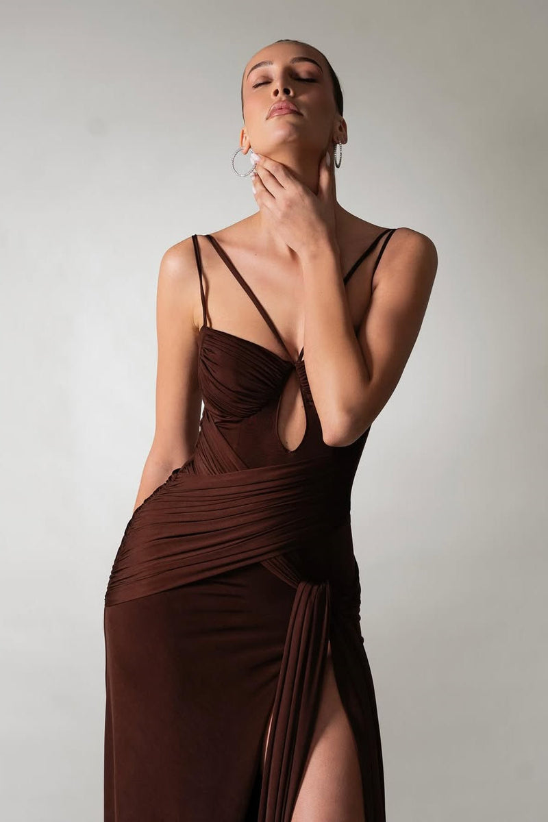 Timeless Chocolate Spaghetti-Strap Sleeveless Satin Evening Dresses Side Split With Pleats Zipper
