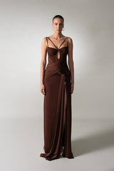 Timeless Chocolate Spaghetti-Strap Sleeveless Satin Evening Dresses Side Split With Pleats Zipper