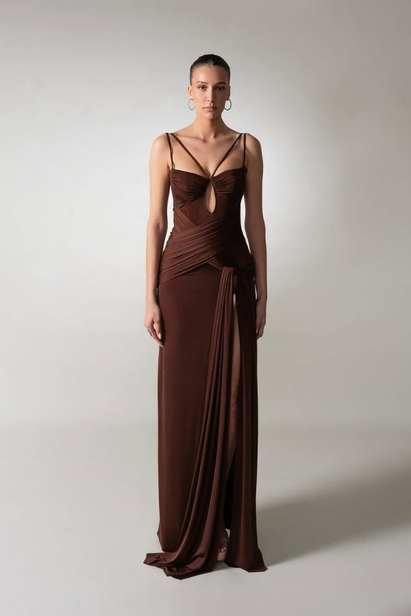 Timeless Chocolate Spaghetti-Strap Sleeveless Satin Evening Dresses Side Split With Pleats Zipper