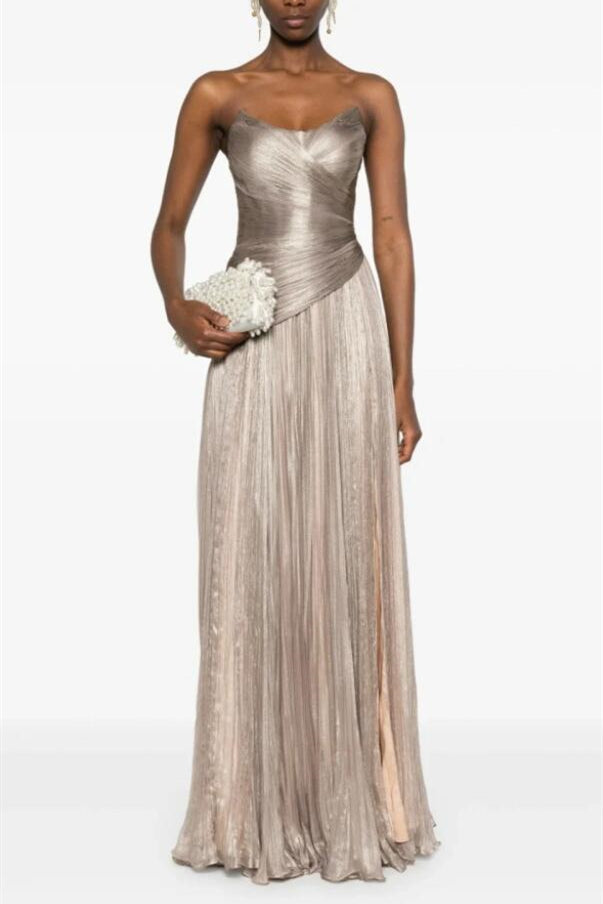 Sparkling Silver Strapless Sleeveless A-Line Evening Dresses Lace-Up Back With Pleats