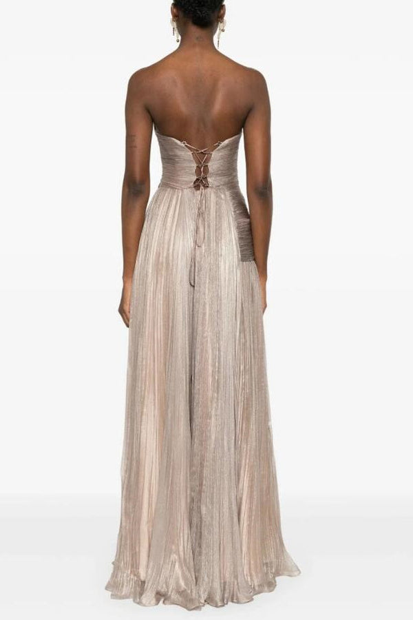 Sparkling Silver Strapless Sleeveless A-Line Evening Dresses Lace-Up Back With Pleats