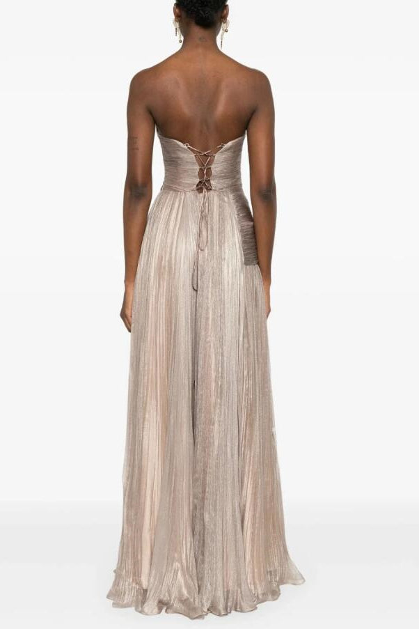 Sparkling Silver Strapless Sleeveless A-Line Evening Dresses Lace-Up Back With Pleats