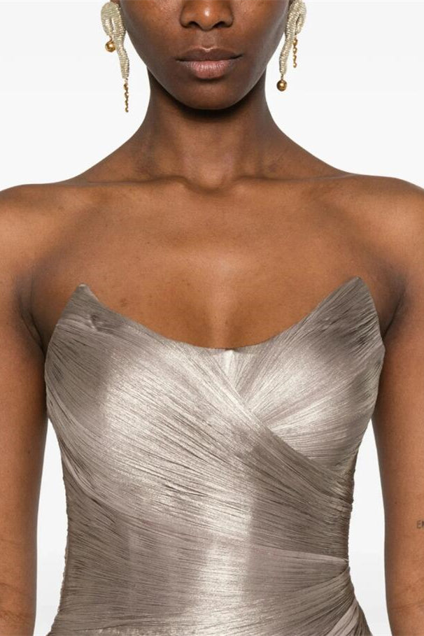 Sparkling Silver Strapless Sleeveless A-Line Evening Dresses Lace-Up Back With Pleats