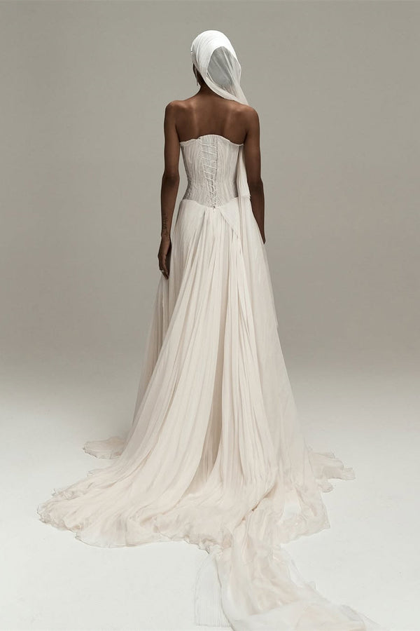 Timeless Strapless Sleeveless Chiffon Evening Dresses A-Line Lace-Up Back With Pleats