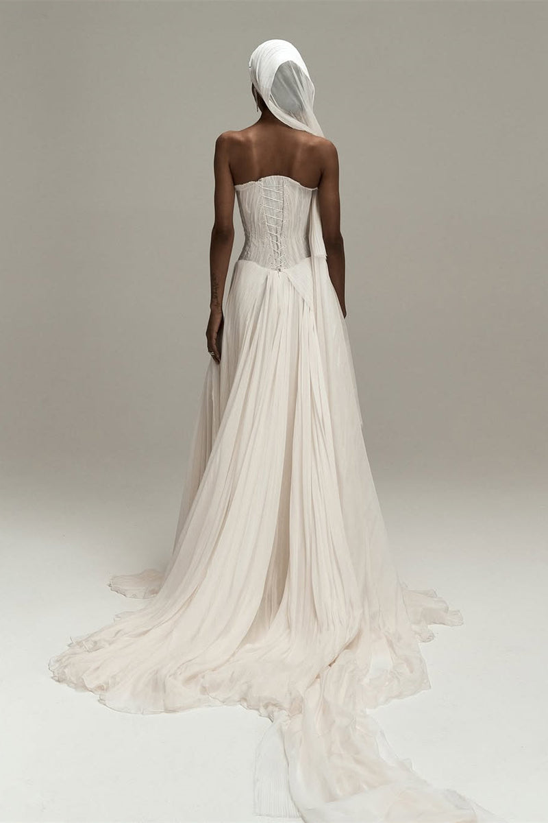 Timeless Strapless Sleeveless Chiffon Evening Dresses A-Line Lace-Up Back With Pleats