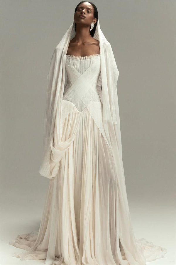 Timeless Strapless Sleeveless Chiffon Evening Dresses A-Line Lace-Up Back With Pleats