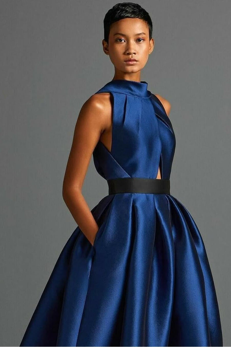 Fabulous Dark Navy Halter Sleeveless Satin Evening Dresses A-Line Long With Pleats