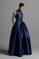 Fabulous Dark Navy Halter Sleeveless Satin Evening Dresses A-Line Long With Pleats