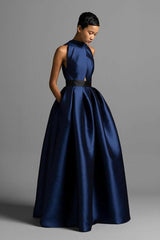 Fabulous Dark Navy Halter Sleeveless Satin Evening Dresses A-Line Long With Pleats