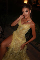 Dreamy Daffodil Sweetheart Strapless Sleeveless Lace Evening Dresses Mermaid Side Split With Lace-Up Back