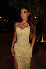 Dreamy Daffodil Sweetheart Strapless Sleeveless Lace Evening Dresses Mermaid Side Split With Lace-Up Back