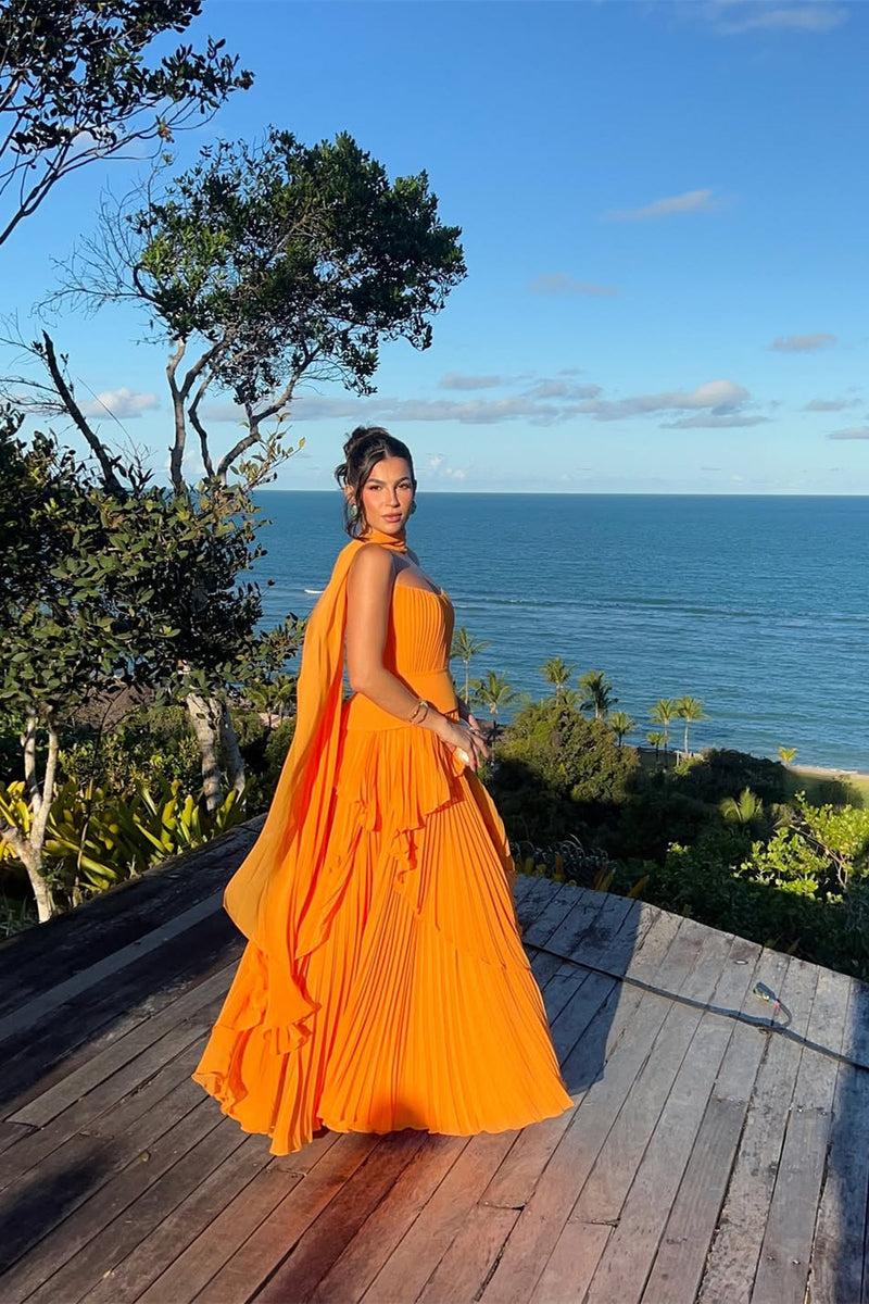 Timeless Orange Strapless Sleeveless Chiffon Evening Dresses A-Line With Zipper Pleats