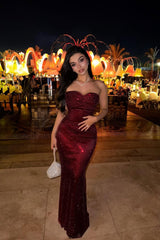 Sparkling Burgundy Sweetheart Strapless Sleeveless Sequins Evening Dresses Mermaid Column On Sale