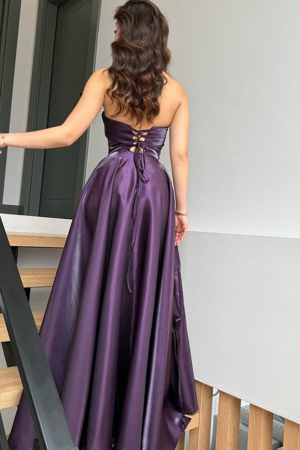 Glamorous Purple Strapless Sleeveless A-Line Evening Dresses Long Lace-Up Back With Pleats