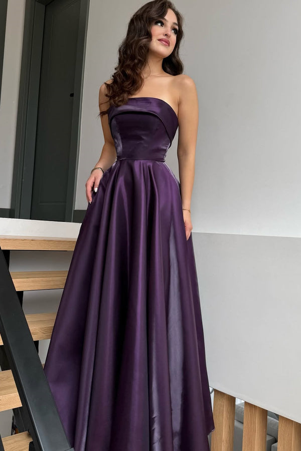 Glamorous Purple Strapless Sleeveless A-Line Evening Dresses Long Lace-Up Back With Pleats