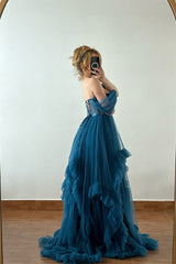 Fabulous Ink Blue Off-The-Shoulder Sweetheart Tulle Evening Dresses A-Line Pleats With Lace-Up Back