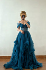 Fabulous Ink Blue Off-The-Shoulder Sweetheart Tulle Evening Dresses A-Line Pleats With Lace-Up Back