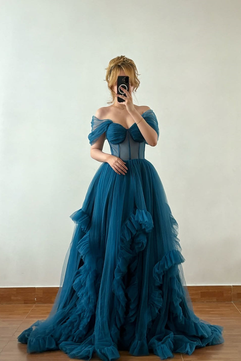 Fabulous Ink Blue Off-The-Shoulder Sweetheart Tulle Evening Dresses A-Line Pleats With Lace-Up Back